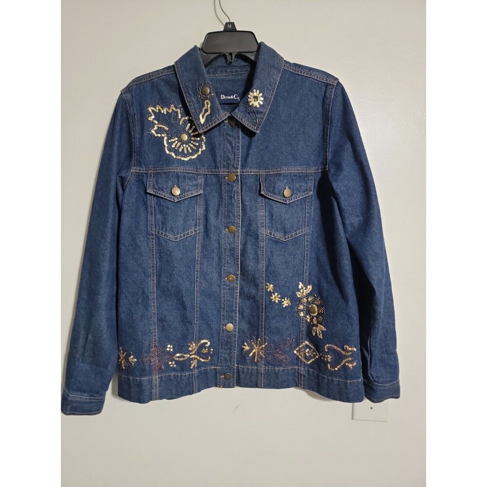 Denim & Company Women Size M Jean Jacket bedazed Sequin Rhinestone Blue Jacket